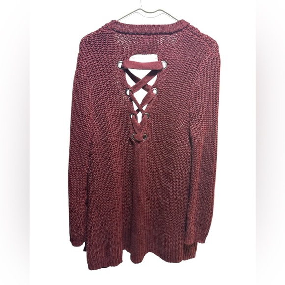 Women's maroon Lace-Up Knit Sweater - Picture 2 of 2